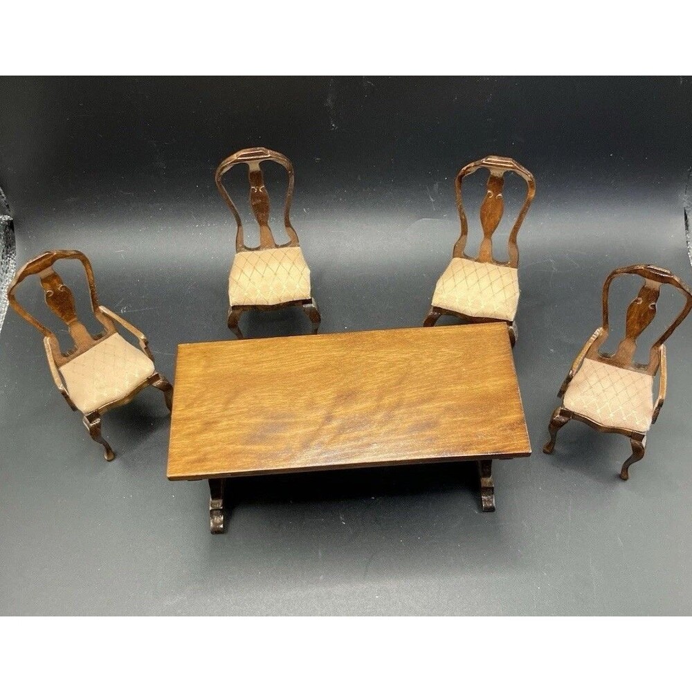 Dollhouse Miniature Dining Table & Chairs VTG Style Beige Fabric Mini Diorama